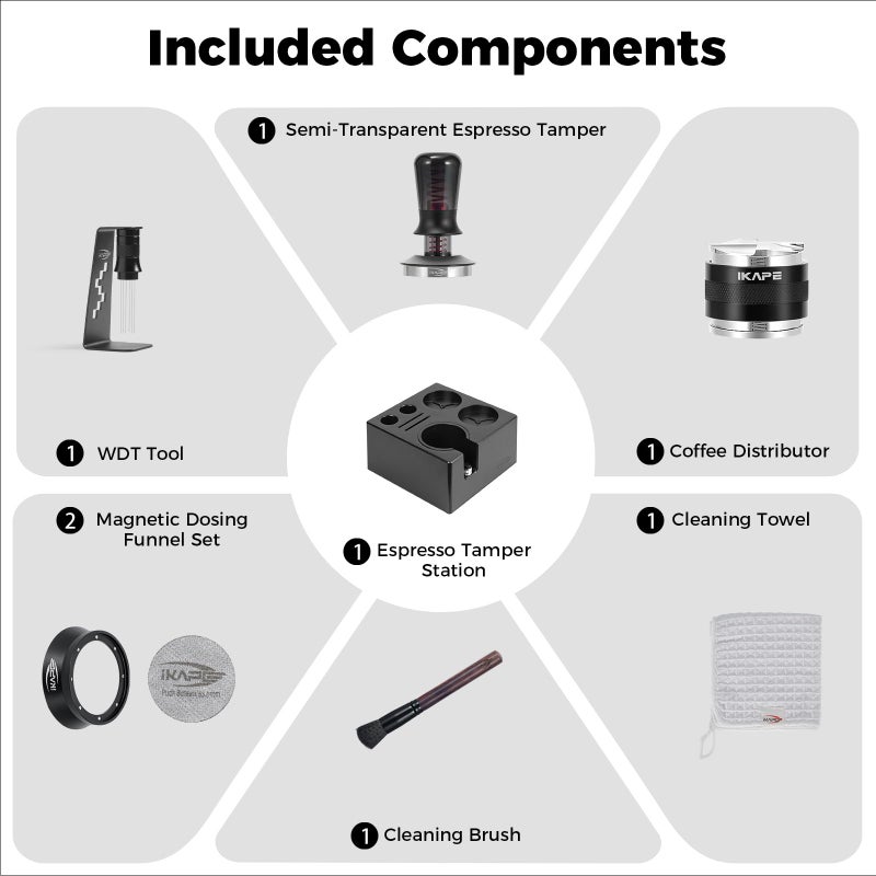 IKAPE 58mm Black Espresso Tool Set 8 IN 1, Coffee Tamper, Distributor, Magnetic Funnel, Puck Screen, Tamper Station, Stirrer Distribution Tool, Cleaning Towel and Brush - Image 2