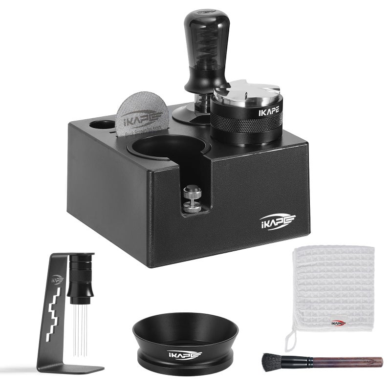 IKAPE 58mm Black Espresso Tool Set 8 IN 1, Coffee Tamper, Distributor, Magnetic Funnel, Puck Screen, Tamper Station, Stirrer Distribution Tool, Cleaning Towel and Brush - Image 1