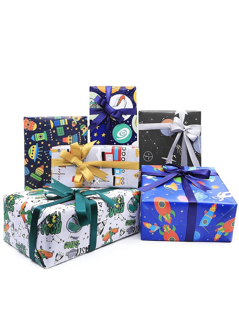 Gift Wrapping Paper sheets Set, Cartoon Birthday Paper for Boys Kids Gift Bundle Per Sheet with Stripes Stickers for Party Craft 2 Different Color Ribbons Alien Outer Space Dinosaur Car 6 Sheets - Image 1