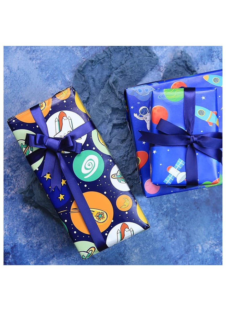 Gift Wrapping Paper sheets Set, Cartoon Birthday Paper for Boys Kids Gift Bundle Per Sheet with Stripes Stickers for Party Craft 2 Different Color Ribbons Alien Outer Space Dinosaur Car 6 Sheets - Image 2
