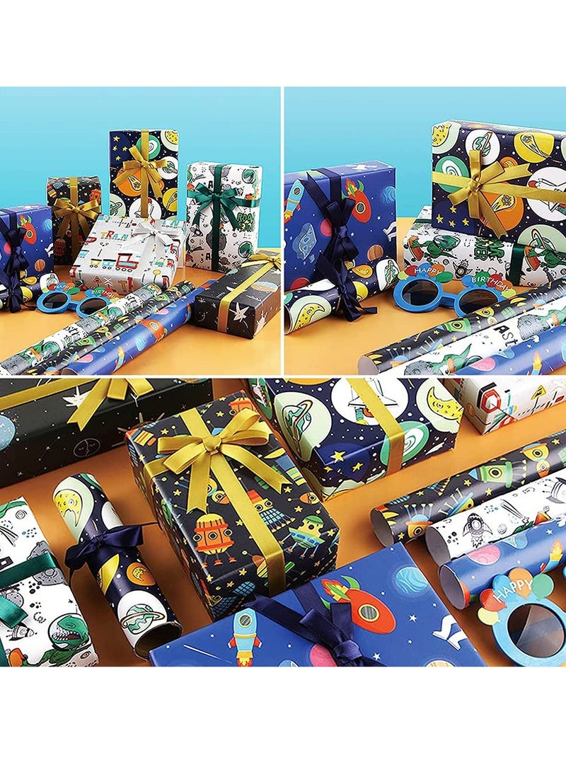 Gift Wrapping Paper sheets Set, Cartoon Birthday Paper for Boys Kids Gift Bundle Per Sheet with Stripes Stickers for Party Craft 2 Different Color Ribbons Alien Outer Space Dinosaur Car 6 Sheets - Image 5