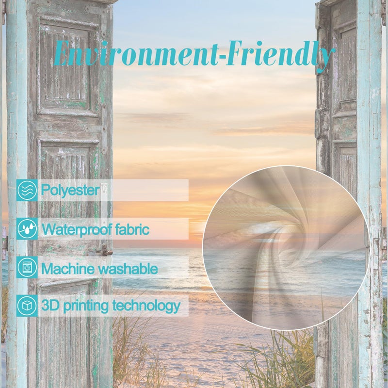 Riyidecor RV Small Half Shower Curtain 36Wx72H Inch Beach Stall Narrow Seaside Ocean Barn Door Curtains Sea Sunset Scenery Rustic Single Bathroom Laundry Decor Fabric Polyester Waterproof 7 Pack Hooks - Image 5