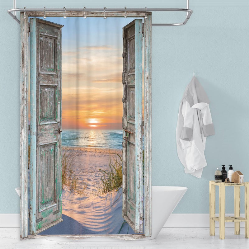 Riyidecor RV Small Half Shower Curtain 36Wx72H Inch Beach Stall Narrow Seaside Ocean Barn Door Curtains Sea Sunset Scenery Rustic Single Bathroom Laundry Decor Fabric Polyester Waterproof 7 Pack Hooks - Image 1