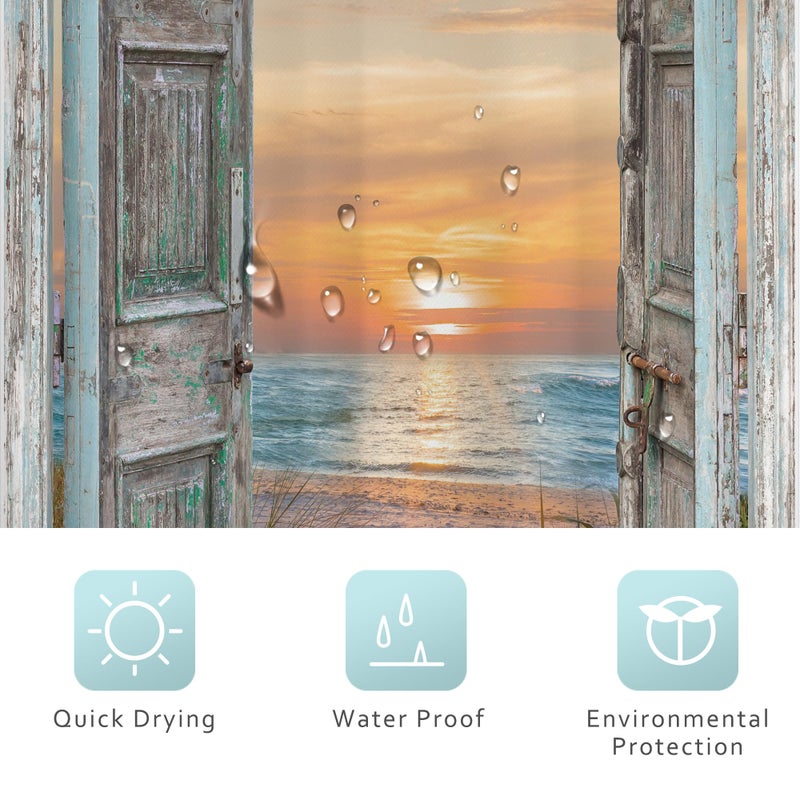 Riyidecor RV Small Half Shower Curtain 36Wx72H Inch Beach Stall Narrow Seaside Ocean Barn Door Curtains Sea Sunset Scenery Rustic Single Bathroom Laundry Decor Fabric Polyester Waterproof 7 Pack Hooks - Image 4