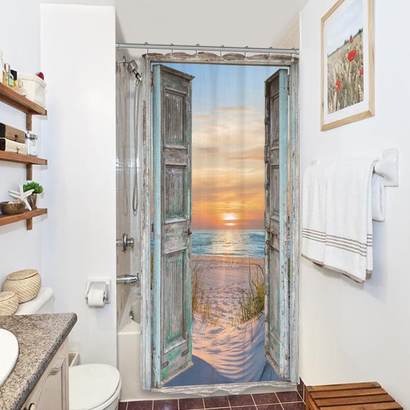 Riyidecor RV Small Half Shower Curtain 36Wx72H Inch Beach Stall Narrow Seaside Ocean Barn Door Curtains Sea Sunset Scenery Rustic Single Bathroom Laundry Decor Fabric Polyester Waterproof 7 Pack Hooks - Image 2