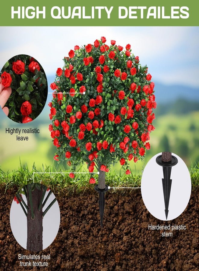 شجرة كروية اصطناعية من الورد الأحمر بارتفاع 25 بوصة مع وتد أرضي، مجموعة من شجيرتين اصطناعيتين من خشب البقس، نبات اصطناعي دائم الخضرة للاستخدام الداخلي والخارجي في الشرفة أو الحديقة - مقاوم للأشعة فوق البنفسجية - مقاوم للبهتان - Image 3