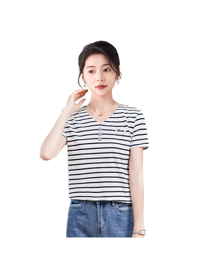 Yuzhaolin Women's Clothing, Korean-style Loose Striped Top, Casual Versatile Short-sleeve T-shirt For Students, Ywtd192182, White, M