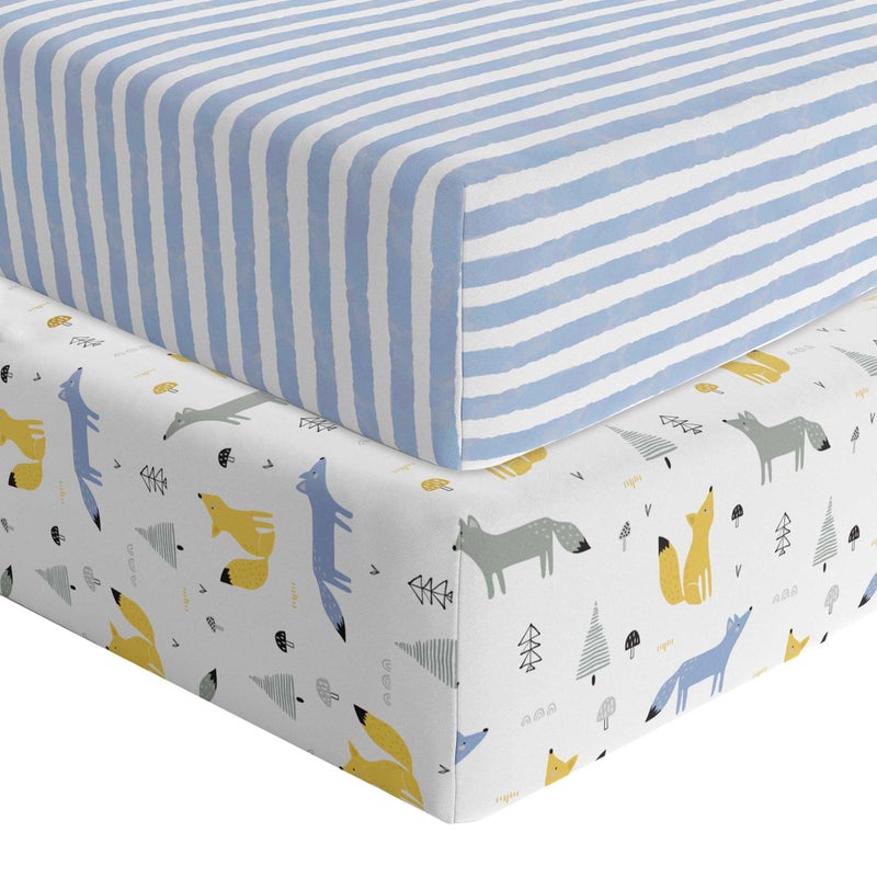 Featherhead 2Pack Fitted Crib Sheets  100 Cotton  52 x 28 x 9 for Standard Crib and Toddler Mattress Jersey Blue Foxes