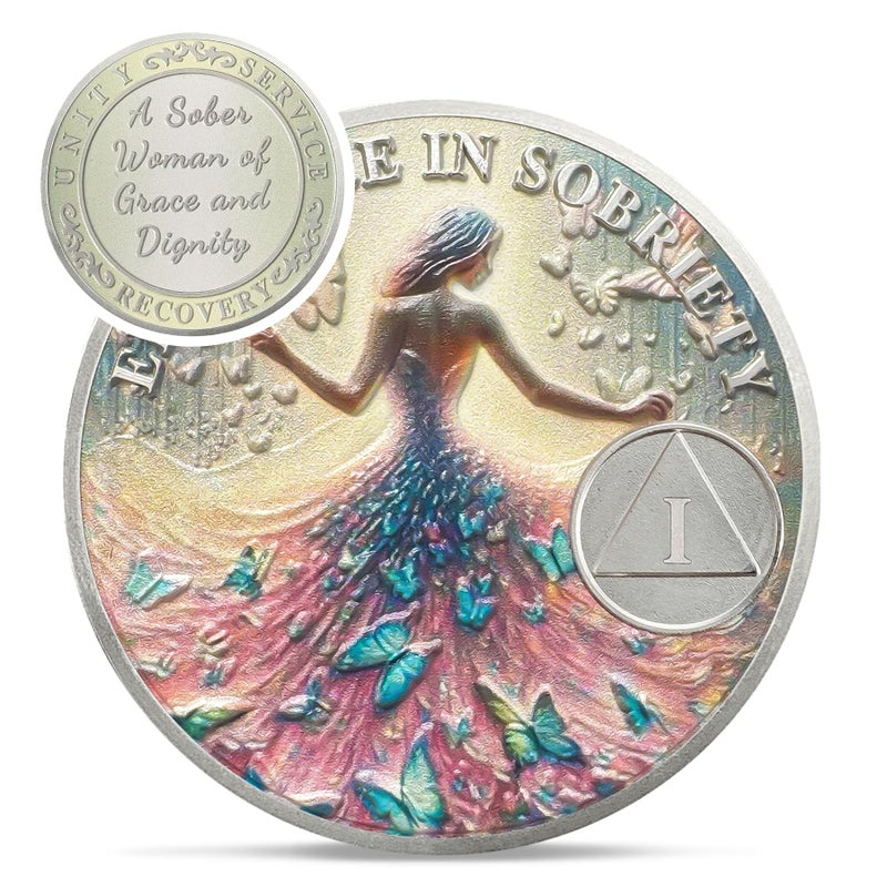 IELCJJ Artsy Grace Women 1 Year Sobriety Coin - Recovery Butterfly AA Coins - Sister Power Addiction NA AA Chips and Medallions - Celebrate 1-10 Years Narcotics Alcoholics Anonymous Gifts for Men Women - Image 1