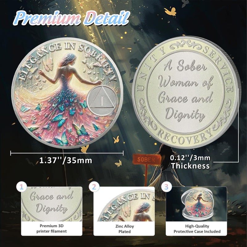 IELCJJ Artsy Grace Women 1 Year Sobriety Coin - Recovery Butterfly AA Coins - Sister Power Addiction NA AA Chips and Medallions - Celebrate 1-10 Years Narcotics Alcoholics Anonymous Gifts for Men Women - Image 3