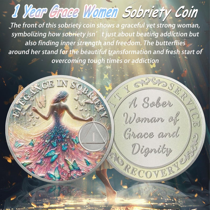 IELCJJ Artsy Grace Women 1 Year Sobriety Coin - Recovery Butterfly AA Coins - Sister Power Addiction NA AA Chips and Medallions - Celebrate 1-10 Years Narcotics Alcoholics Anonymous Gifts for Men Women - Image 2