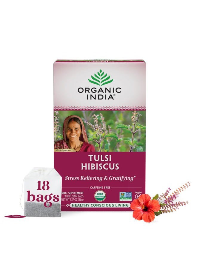 Organic India Tulsi Hibiscus Tea Bags - Holy Basil Herbal Tea, Stress Relieving, Immune Support, Adaptogen, USDA Certified Organic, Non-GMO, Calming, Caffeine-Free - 18 Infusion Bags, 1 Pack - Image 1