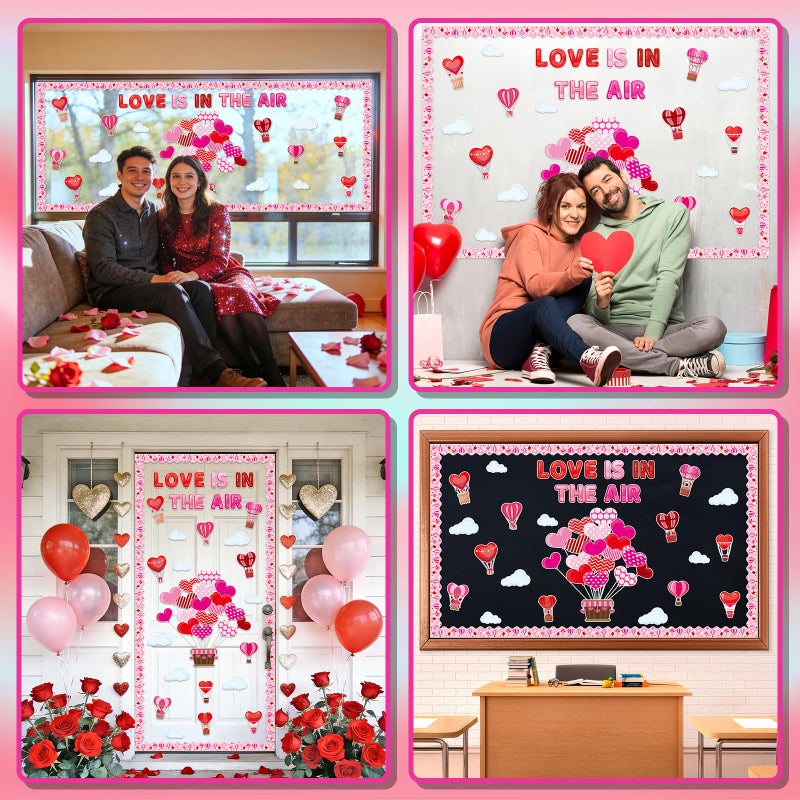 YCDMLJC Valentine's Day Classroom Bulletin Board Sets,Love is in The Air Red Pink Love Hot Air Balloons Decorations,for Wall Classroom School Party Supplies - Image 5