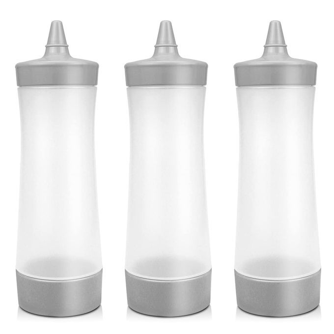 DOERDO 3PCS PLASTIC SQUEEZE BOTTLES FOR SAUCE CONDIMENT SALAD DRESSING TOMATO SAUCE OLIVE OIL BBQ 12OZ WITH LID GREY