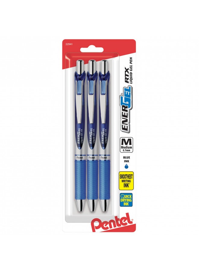 Pentel أقلام حبر جل بنتل إنرجل ديلوكس RTX، رأس معدني 0.7 ملليمتر، حبر أزرق، عبوة 3 قطع (BL77BP3C) - Image 1