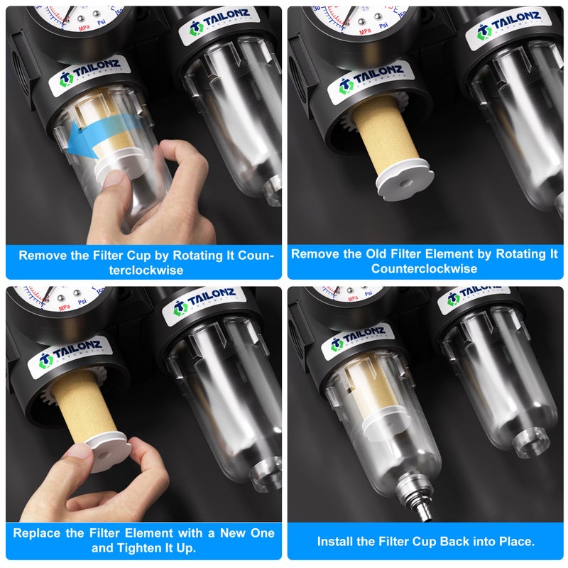 TAILONZ PNEUMATIC 1/4 Inch NPT AFC2000 Air Filter Pressure Regulator Kitï¼ˆ0-145 Psiï¼‰5 Micron Brass Element Air Tool Compressor Filter with Gauge and Lubricator Cup - Image 5