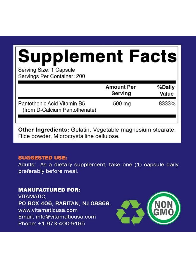 Vitamatic Pantothenic Acid (Vitamin B5) 500 mg- 200 Capsules - Image 2