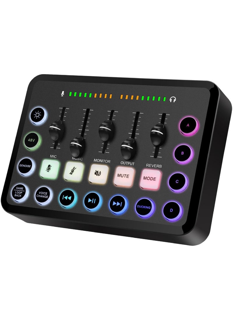 Rock Pow Gaming Audio Mixer,Audio Interface with Voice Changer, Streaming RGB PC Mixer with XLR Microphone Interface,Volume Fader, Mute Button, 48V Phantom Power, for Podcasting/Recording/Gaming  - Image 1