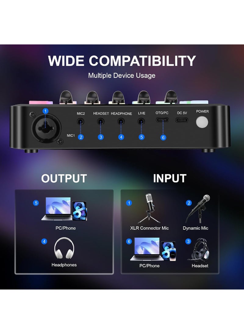Rock Pow Gaming Audio Mixer,Audio Interface with Voice Changer, Streaming RGB PC Mixer with XLR Microphone Interface,Volume Fader, Mute Button, 48V Phantom Power, for Podcasting/Recording/Gaming  - Image 4