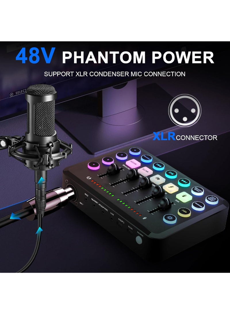 Rock Pow Gaming Audio Mixer,Audio Interface with Voice Changer, Streaming RGB PC Mixer with XLR Microphone Interface,Volume Fader, Mute Button, 48V Phantom Power, for Podcasting/Recording/Gaming  - Image 3