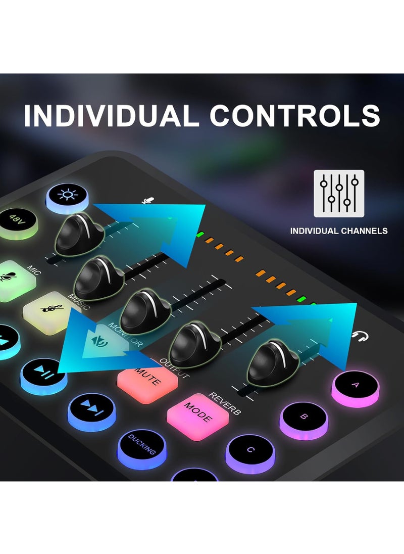 Rock Pow Gaming Audio Mixer,Audio Interface with Voice Changer, Streaming RGB PC Mixer with XLR Microphone Interface,Volume Fader, Mute Button, 48V Phantom Power, for Podcasting/Recording/Gaming  - Image 2