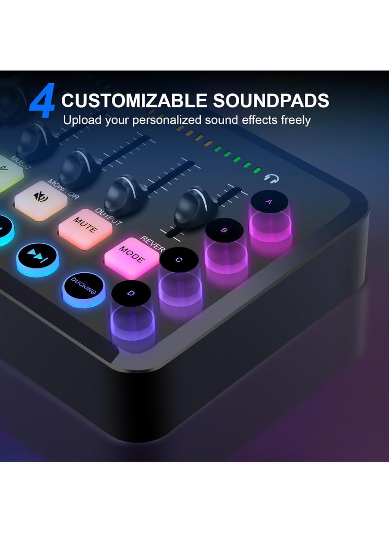 Rock Pow Gaming Audio Mixer,Audio Interface with Voice Changer, Streaming RGB PC Mixer with XLR Microphone Interface,Volume Fader, Mute Button, 48V Phantom Power, for Podcasting/Recording/Gaming  - Image 5