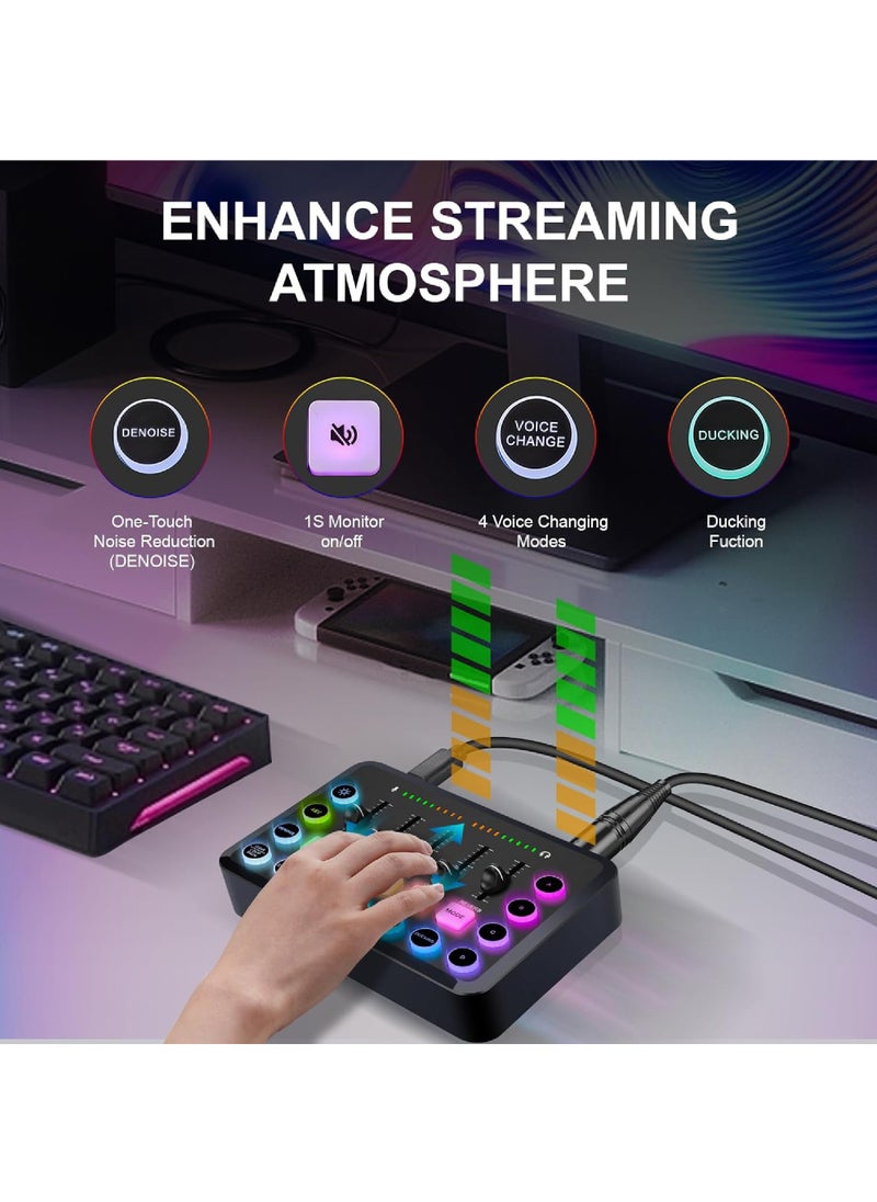 Gaming Audio Mixer,Audio Interface with Voice Changer, Streaming RGB PC Mixer with XLR Microphone Interface,Volume Fader, Mute Button, 48V Phantom Power, for Podcasting/Recording/Gaming