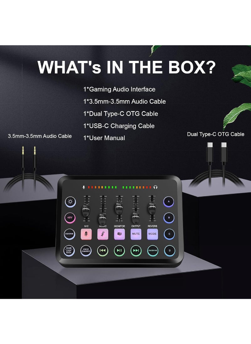 Gaming Audio Mixer,Audio Interface with Voice Changer, Streaming RGB PC Mixer with XLR Microphone Interface,Volume Fader, Mute Button, 48V Phantom Power, for Podcasting/Recording/Gaming