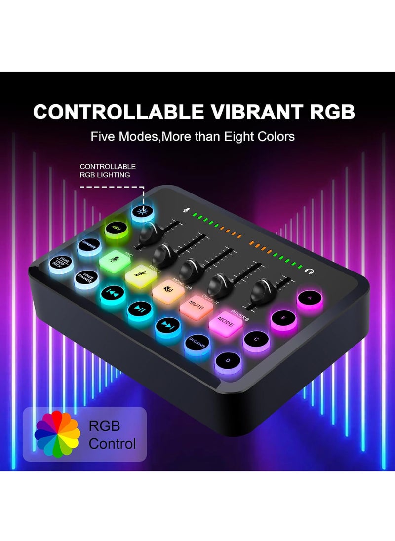 Gaming Audio Mixer,Audio Interface with Voice Changer, Streaming RGB PC Mixer with XLR Microphone Interface,Volume Fader, Mute Button, 48V Phantom Power, for Podcasting/Recording/Gaming