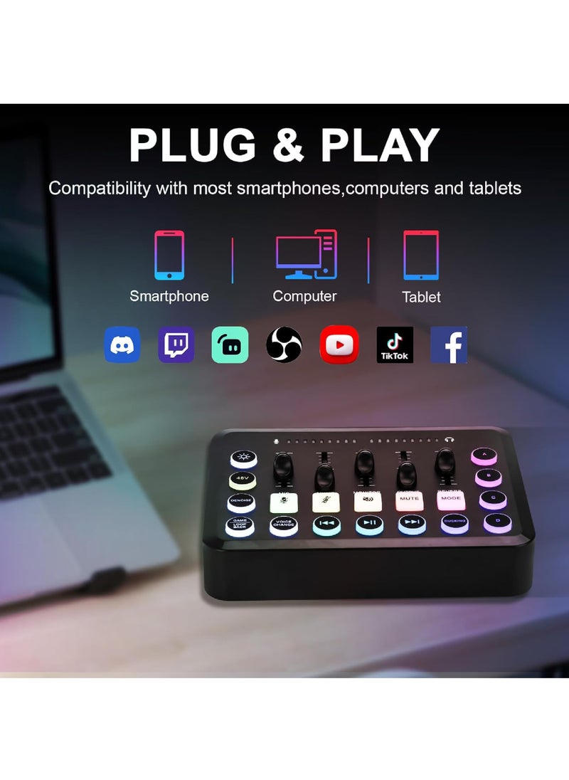 Gaming Audio Mixer,Audio Interface with Voice Changer, Streaming RGB PC Mixer with XLR Microphone Interface,Volume Fader, Mute Button, 48V Phantom Power, for Podcasting/Recording/Gaming