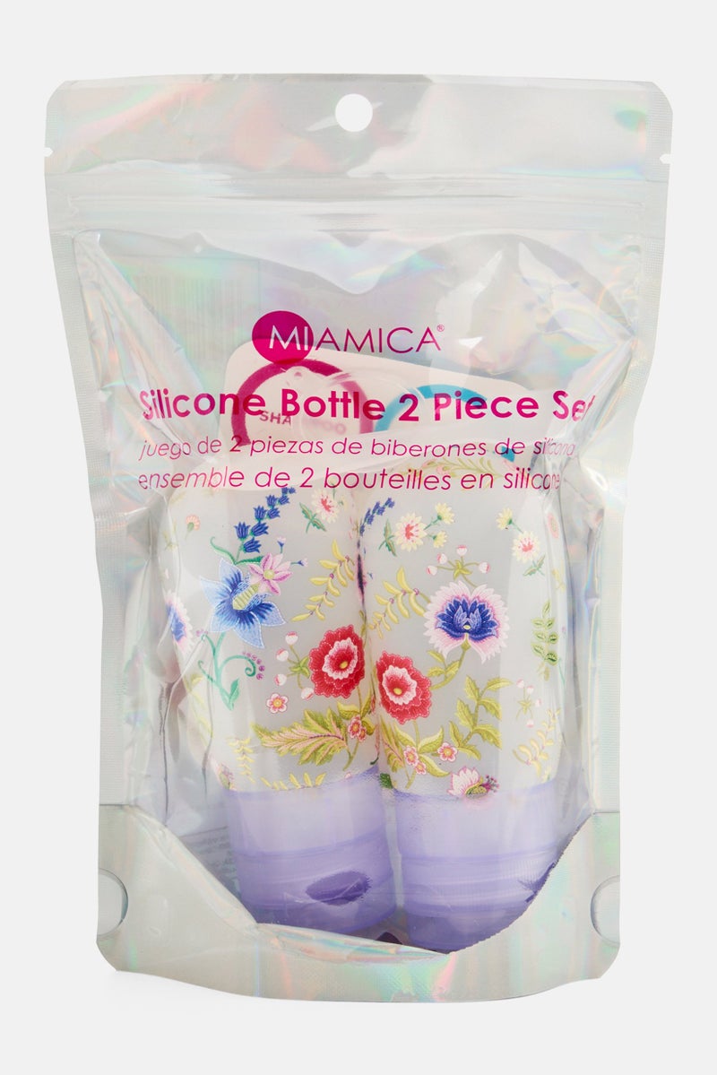 Miamica 2 Piece Floral Print Silicone Bottle, Light Purple Combo - Image 1
