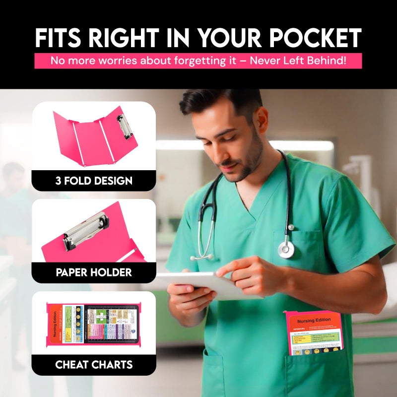 SC Printing World Nursing Clipboard Foldable with Medical Edition Cheat Sheets, 3 Layers Aluminum Foldable Clipboard for Nursing, Notepad for Students, Nursing School Essentials (Pink) - Image 5