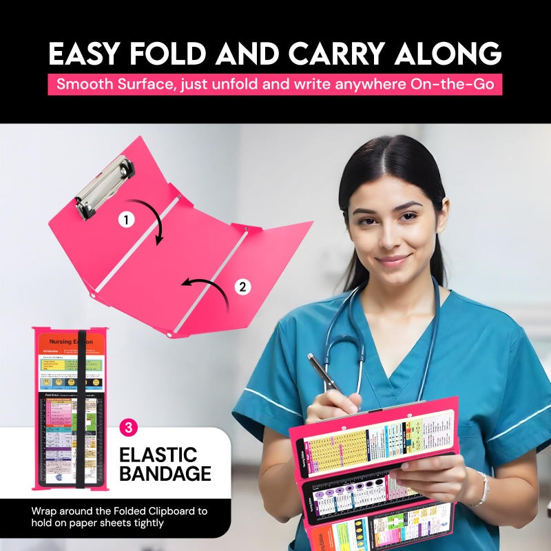 SC Printing World Nursing Clipboard Foldable with Medical Edition Cheat Sheets, 3 Layers Aluminum Foldable Clipboard for Nursing, Notepad for Students, Nursing School Essentials (Pink) - Image 4