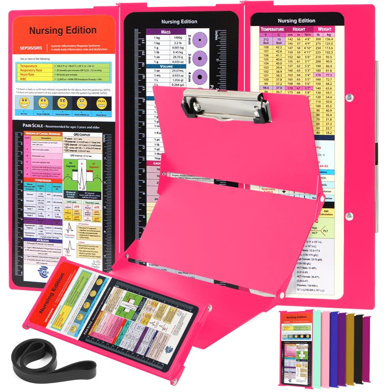 SC Printing World Nursing Clipboard Foldable with Medical Edition Cheat Sheets, 3 Layers Aluminum Foldable Clipboard for Nursing, Notepad for Students, Nursing School Essentials (Pink) - Image 1