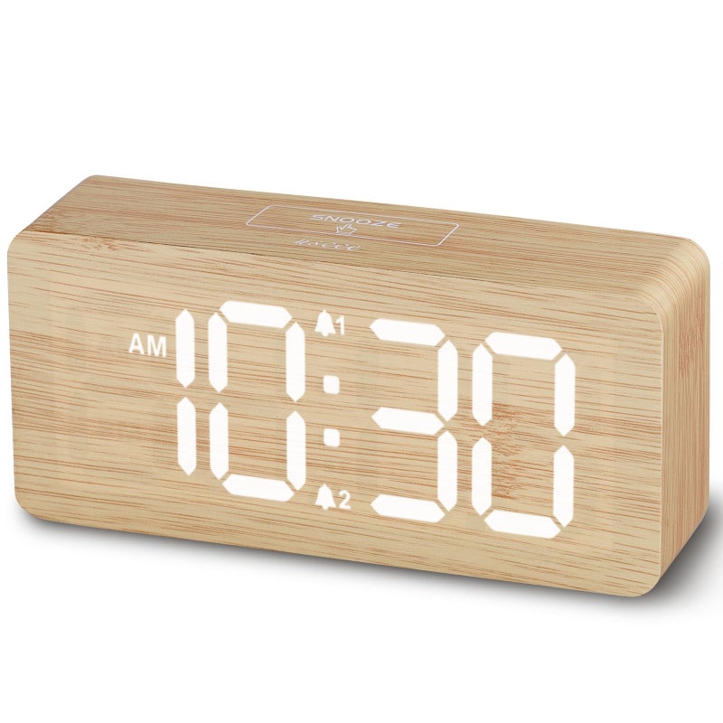uscce Wooden Digital Alarm Clocks for Bedrooms: Dimmable Dual Alarm Clock with Large Numbers for Bedside Desk - Loud Alarm for Heavy Sleepers with Volume Control - Wood Decor & Gifts - Image 1