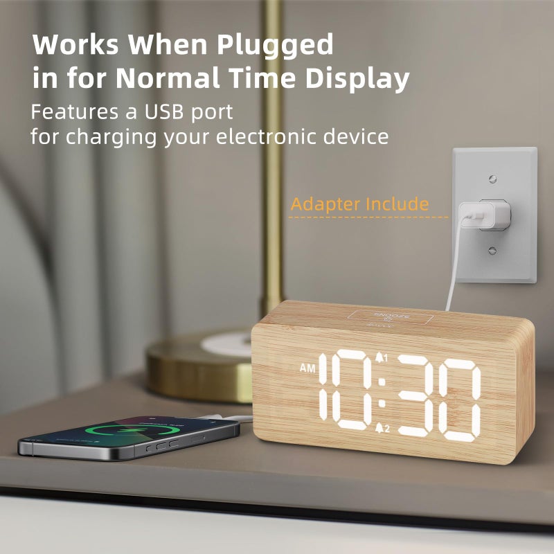uscce Wooden Digital Alarm Clocks for Bedrooms: Dimmable Dual Alarm Clock with Large Numbers for Bedside Desk - Loud Alarm for Heavy Sleepers with Volume Control - Wood Decor & Gifts - Image 3