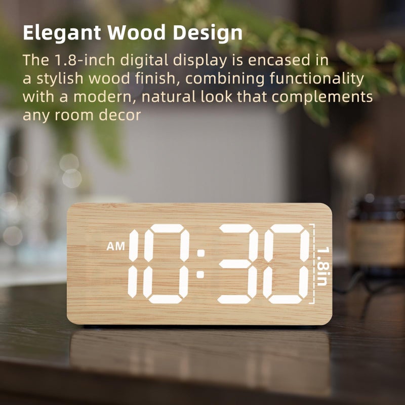 uscce Wooden Digital Alarm Clocks for Bedrooms: Dimmable Dual Alarm Clock with Large Numbers for Bedside Desk - Loud Alarm for Heavy Sleepers with Volume Control - Wood Decor & Gifts - Image 2