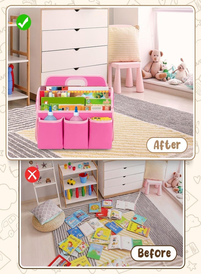 LoDrid Portable Bookshelf with 4 Deep Sleeves and Handle for Kid Room, Storage Book Case with Multiple Pockets for Kid Nursery, Pink, Patent Designed - Image 4