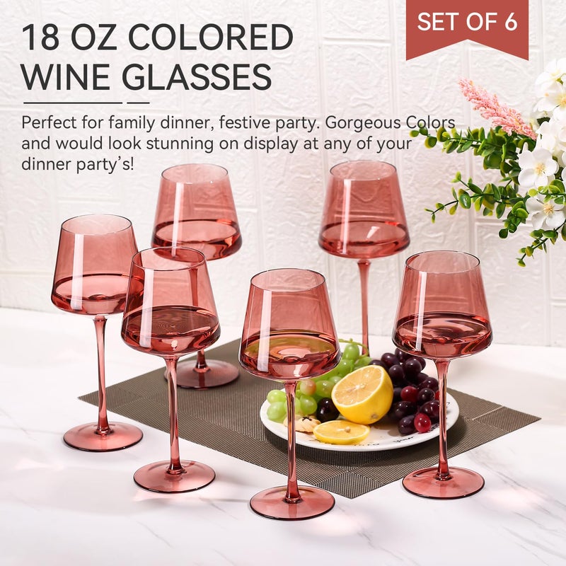 Cyrelwing Rose Wine Glasses Set of 6,18oz Rose Wine Glassware Gift Set for Wife & Mom-Colorful Hand Blown Glass Drinkware for Red White Wine - Image 3