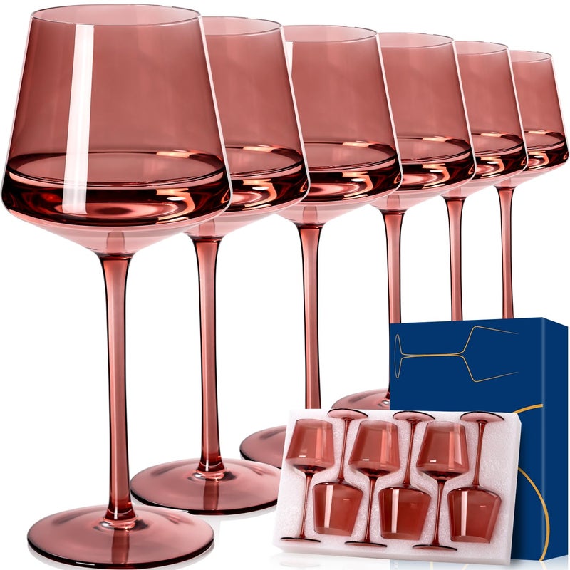 Cyrelwing Rose Wine Glasses Set of 6,18oz Rose Wine Glassware Gift Set for Wife & Mom-Colorful Hand Blown Glass Drinkware for Red White Wine - Image 1