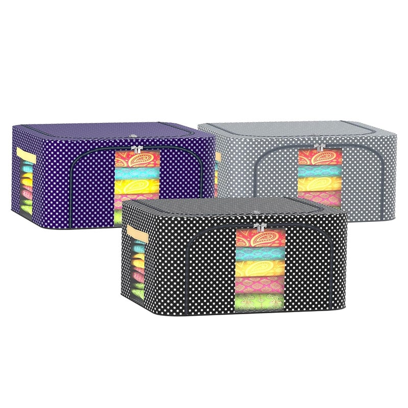 Urbane Home Urbane Home Pack of 3 Clothes Storage Box 24 Liter Wardrobe Organizer Parachute Steel Frame Drawer Organizer Waterproof Underbed Storage Box Dot Print BlueBlack Grey  - Image 1