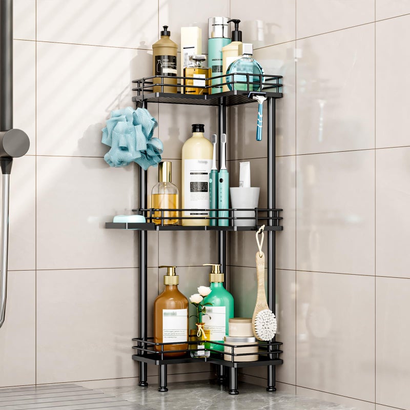 HapiRm Corner Shower Caddy Standing 3 Tier Shower Organizer Corner with Soap Holder Rustproof Bathroom Standing Organizer with 4 Hooks Black