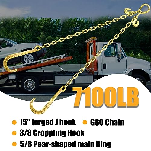 FITHOIST Grade 80 Chain V-Bridle | 3/8In x 2Ft Towing Chains Bridle with J Hooks and Grab Hooks | Transport Chain with 7,100LBS Safe Working Load | for Flatbed Truck Rollback Wrecker Carrier - Image 2