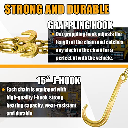 FITHOIST Grade 80 Chain V-Bridle | 3/8In x 2Ft Towing Chains Bridle with J Hooks and Grab Hooks | Transport Chain with 7,100LBS Safe Working Load | for Flatbed Truck Rollback Wrecker Carrier - Image 4