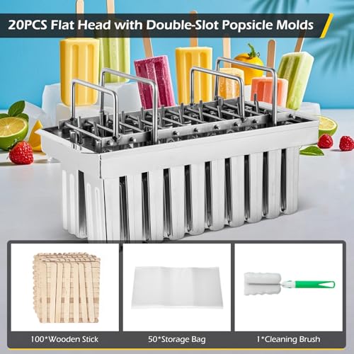 Dyna-Living Commercial Popsicle Molds 20PCS Flat Heads with Double-slot Stainless Steel Popsicle Molds Metal Ice Cream Popsicle Mold with Lid, Single Cup Capacity 85ml - Image 2