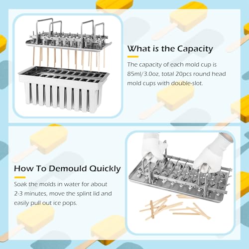 Dyna-Living Commercial Popsicle Molds 20PCS Flat Heads with Double-slot Stainless Steel Popsicle Molds Metal Ice Cream Popsicle Mold with Lid, Single Cup Capacity 85ml - Image 5