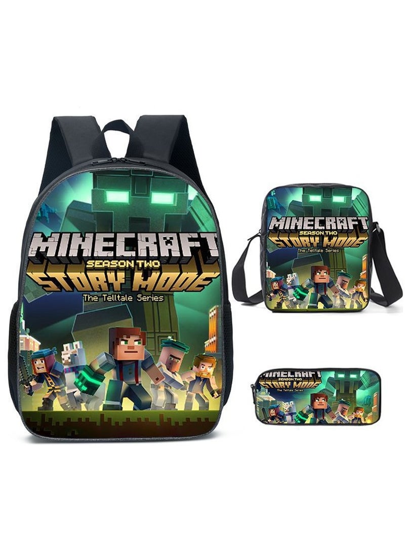 MINECRAFT Digital Printing Large Capacity Backpack Three piece Set Lunch Bag Pen Bag Polyester Comfortable Load Reducing Backpack for Students and Children Unisex - Image 1