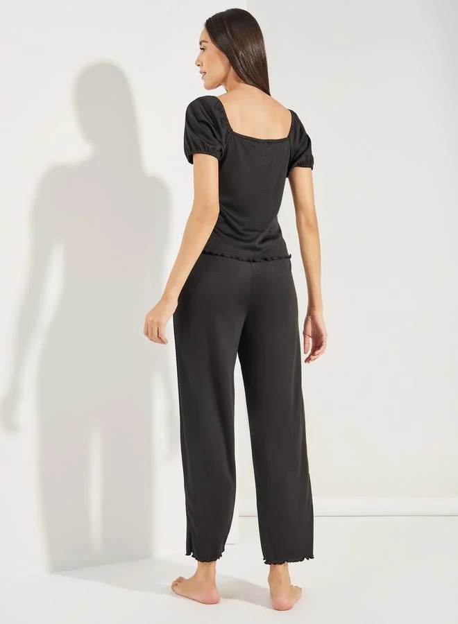 Styli Lace Detail Top & Crop Pant Pyjama Set