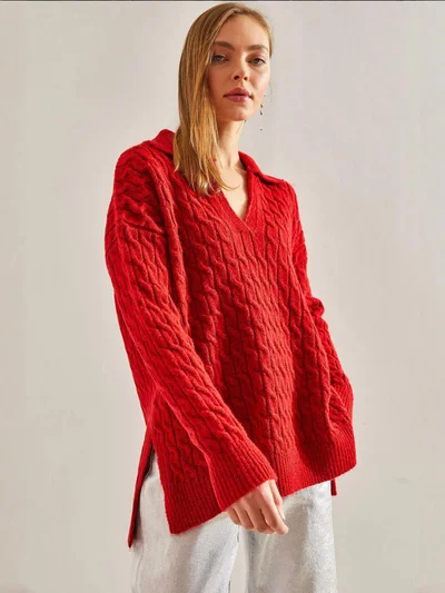 Bianco Lucci LUCCI Textured V-Neck Knit Sweater