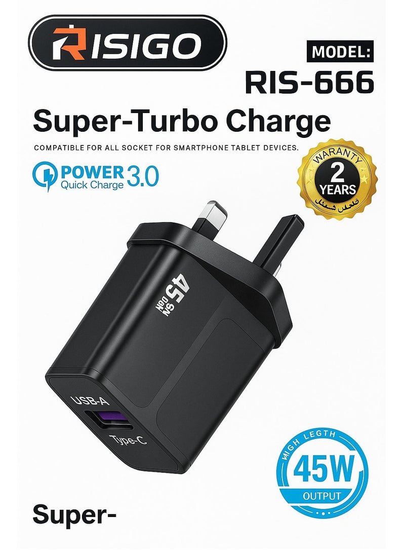 Ultra-Fast Wall Charger from RISIGO – Model RIS-666, 45W Power with Power 3.0 Technology, featuring Dual Ports (USB-A & Type-C) + 2-Year Warranty. - Image 1